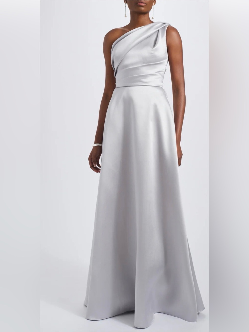 Amsale Evening One-Shoulder Mikado Platinum Gown P813M Size:6 $1100